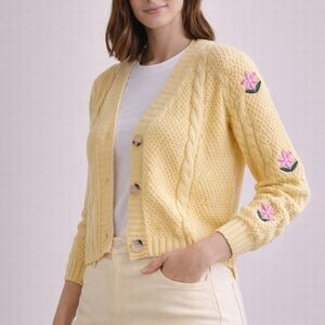Cider Pale Yellow Cable Knit Cardigan with Pink Floral Embroidery